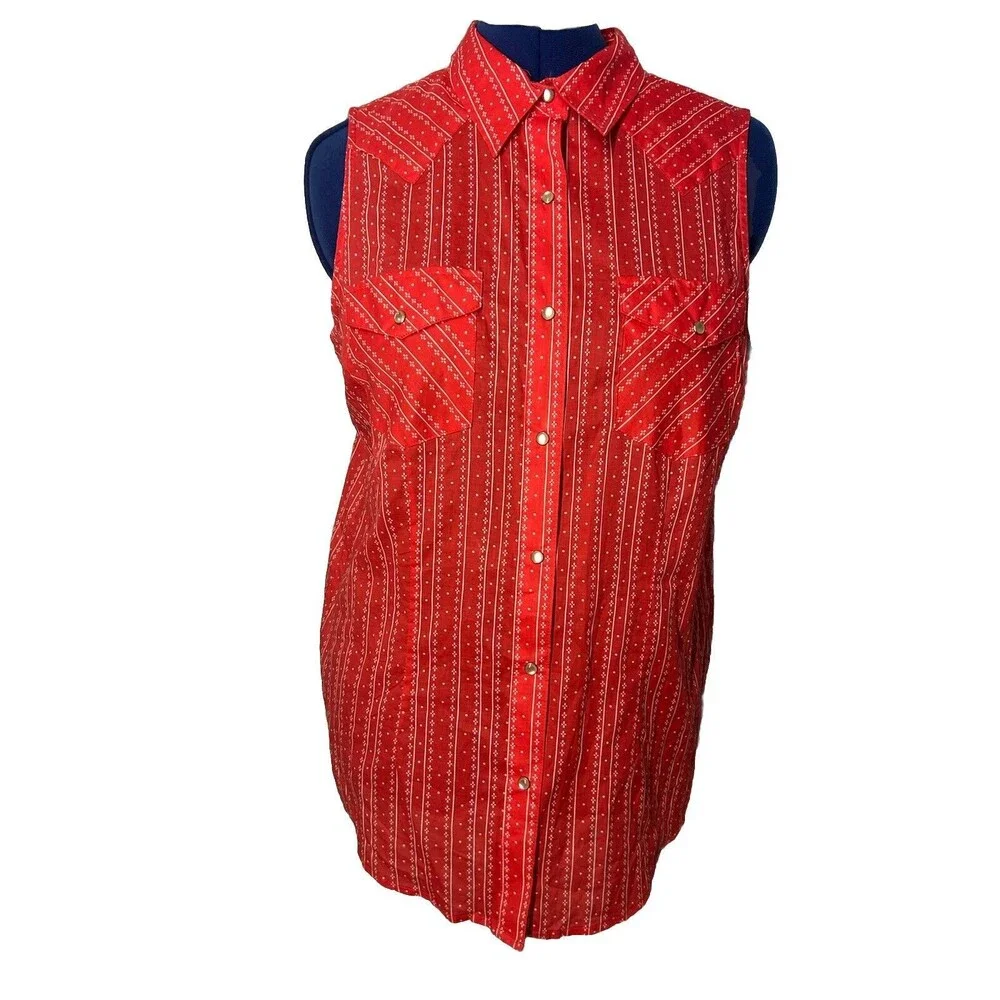 Wrangler Women’s Size Large Pearl Snap Sleeveless Wrancher Shirt Western Cowgirl - Picture 2 of 9